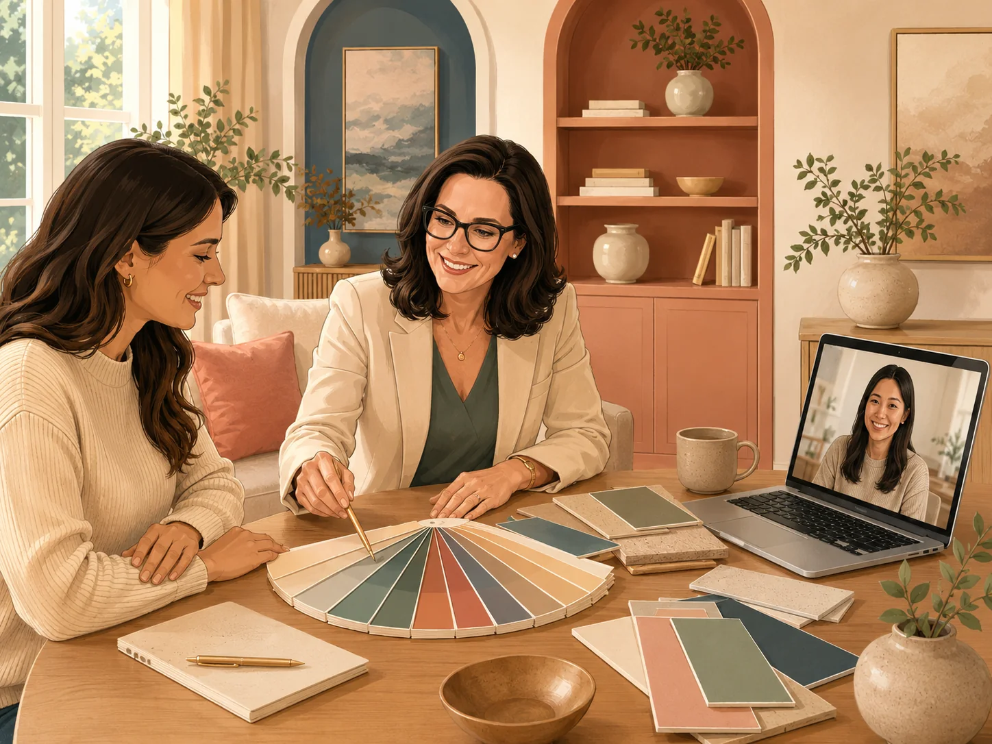 Illustrated paint consultation scene with a designer reviewing coordinated color swatches with clients
