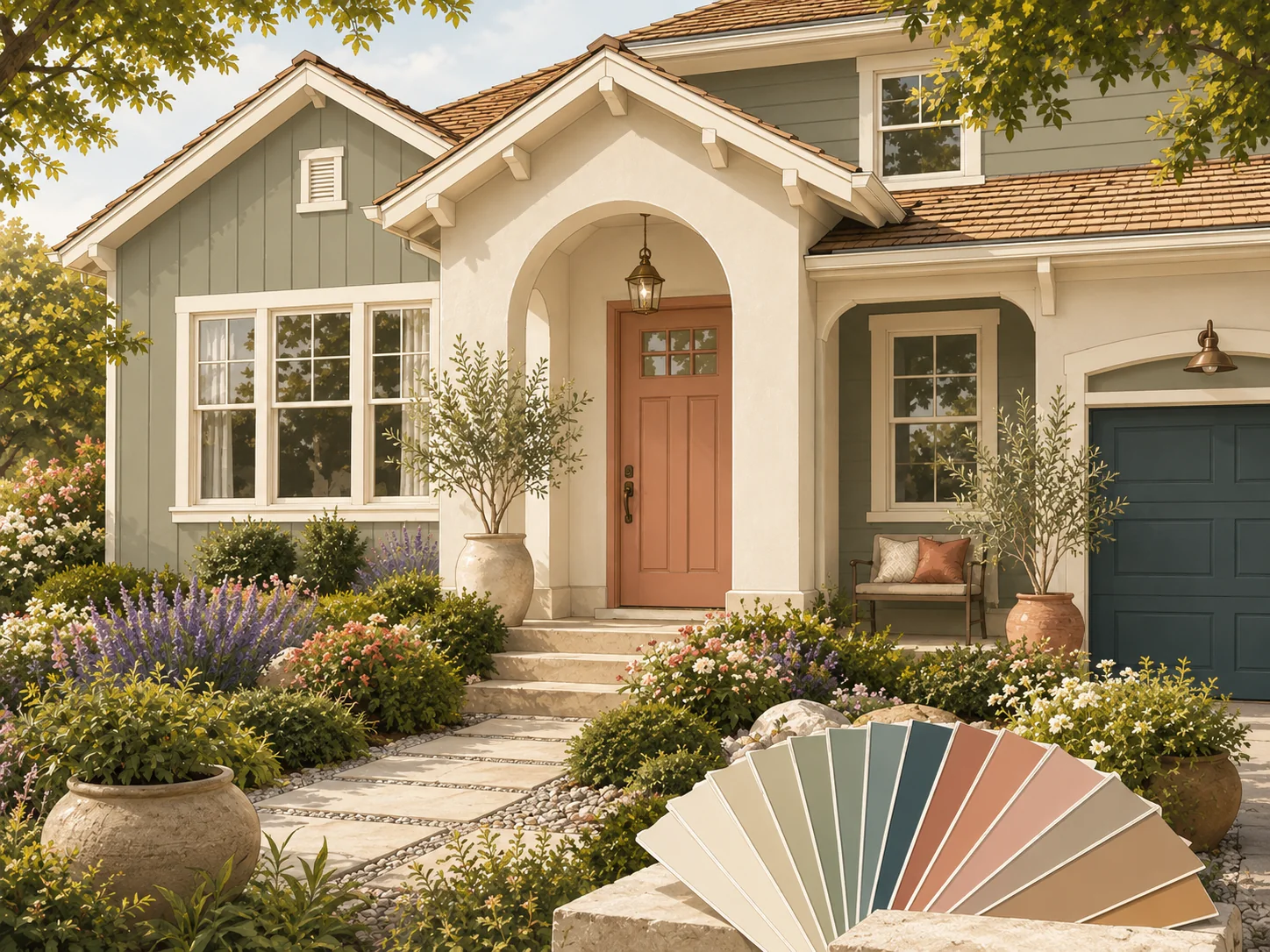 Exterior paint color inspiration with soft sage, cream, terracotta, and muted teal tones