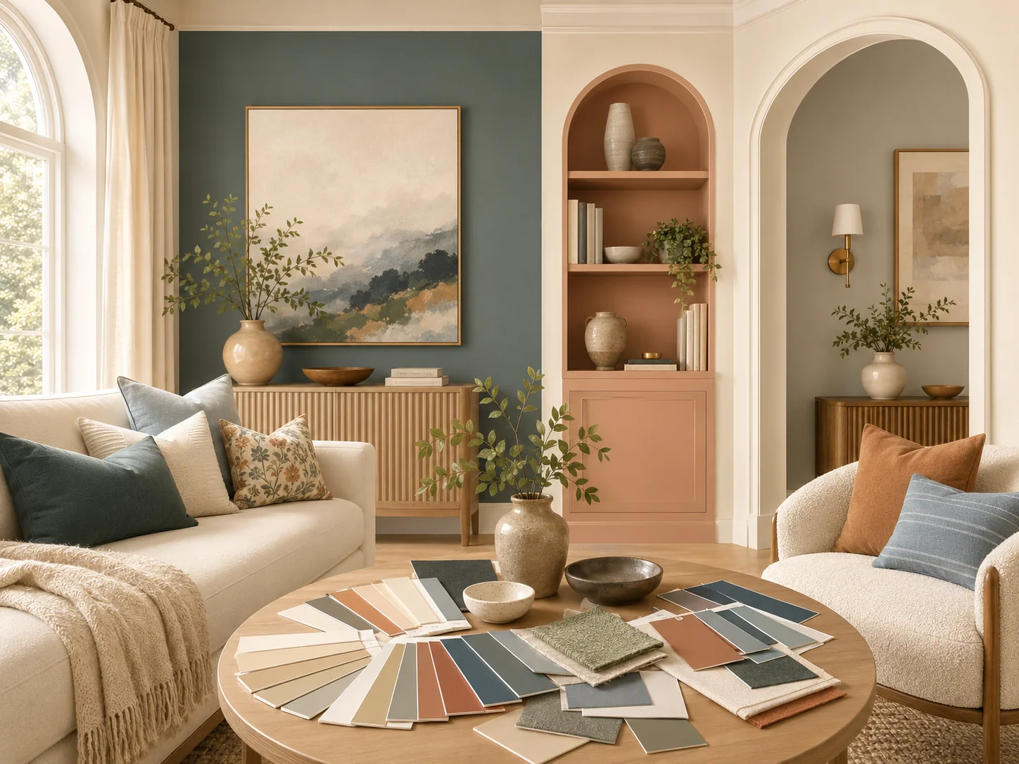 Interior paint color inspiration with curated greens, neutrals, and terracotta accents