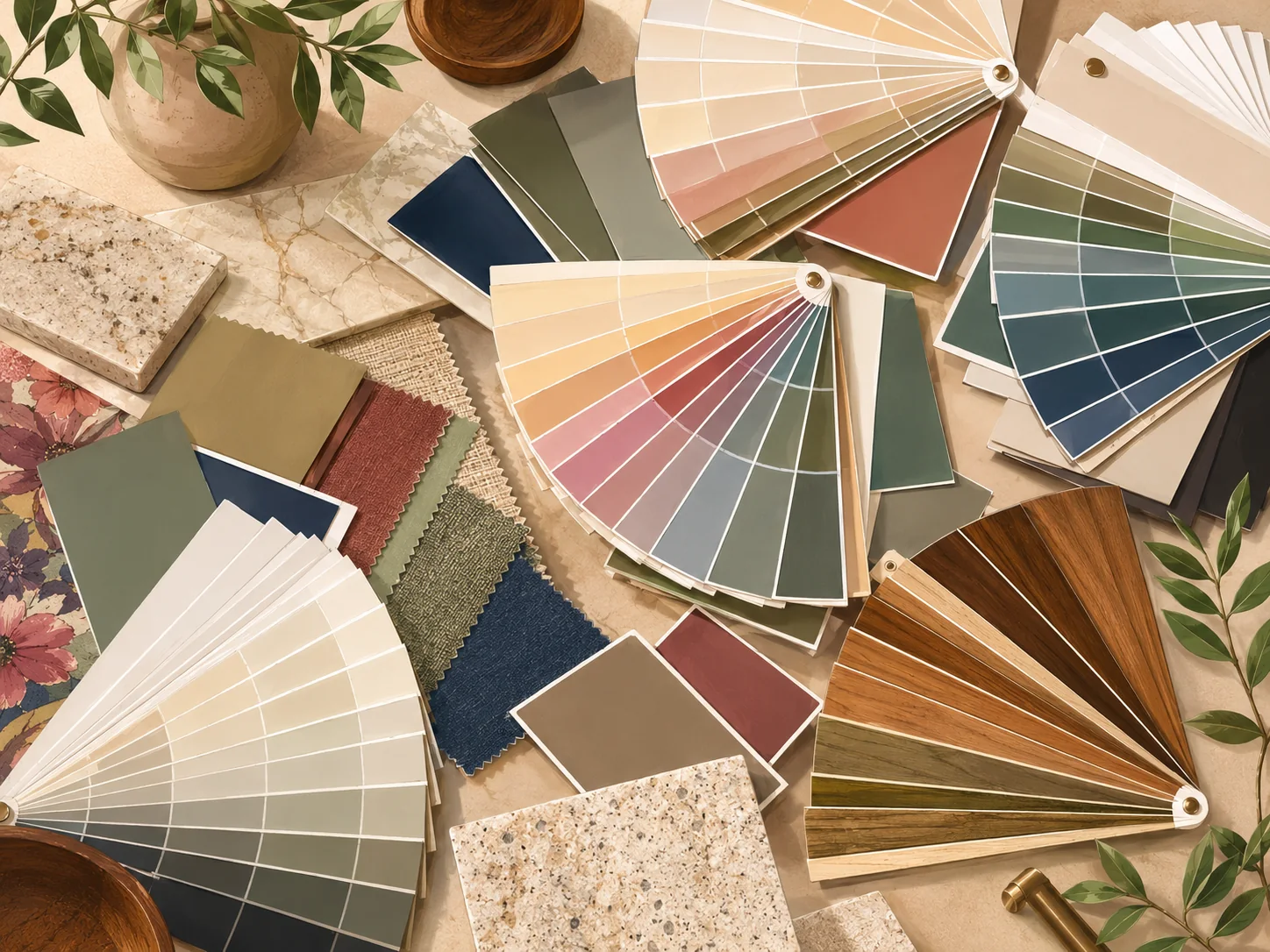 Paint swatch moodboard with coordinated Benjamin Moore-inspired colors and material samples